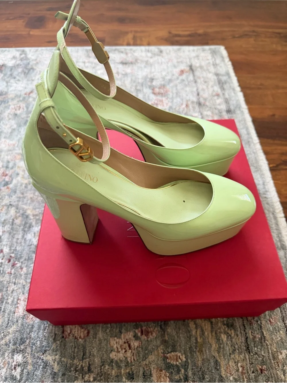 Valentino Patent Platform Ankle-Strap Pumps in Pale Green with Gold Buckle